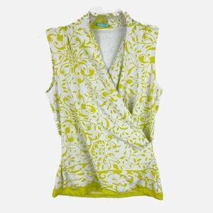 J McLAUGHLIN Lime Yellow Faux Wrap Sleeveless V Neck Stretchy Pullover Top SMALL
